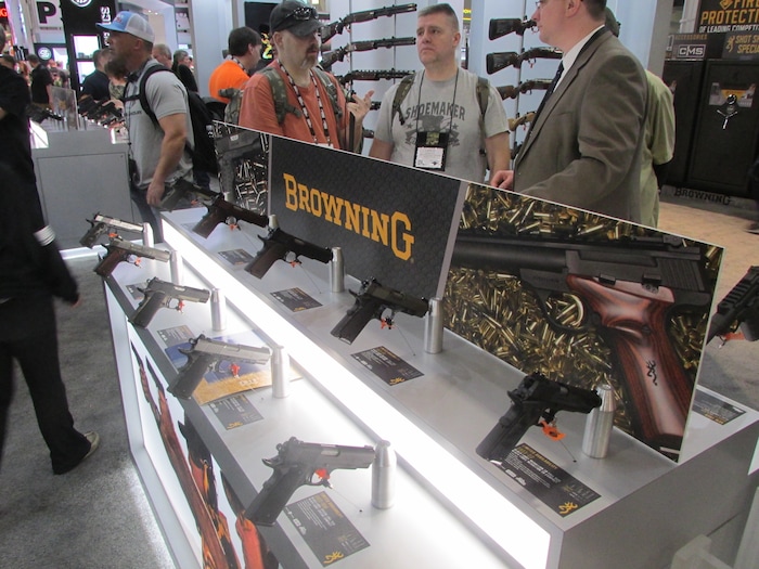 (Tom Wharton | Special to The Tribune) Utah's Browning, based in Morgan, shows its line of pistols Jan. 23, 2018. The company is one of the few that has attended all 40 SHOT Shows.