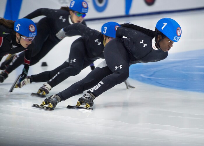 (Scott Sommerdorf   |  The Salt Lake Tribune)   
Maame Biney leads a pack of racers into a turn during day 3 of the U.S. short-track Olympic Team Trials at the Utah Olympic Oval, Sunday, December 17, 2017.  
