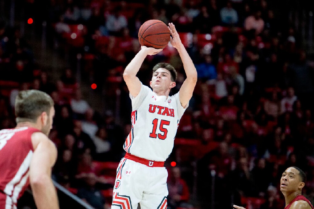 Utah guard Rylan Jones (15) pulls up for a shot in the first half during an NCAA college basketball game against Washington State Saturday, Jan. 25, 2020, in Salt Lake City. (AP Photo/Isaac Hale)