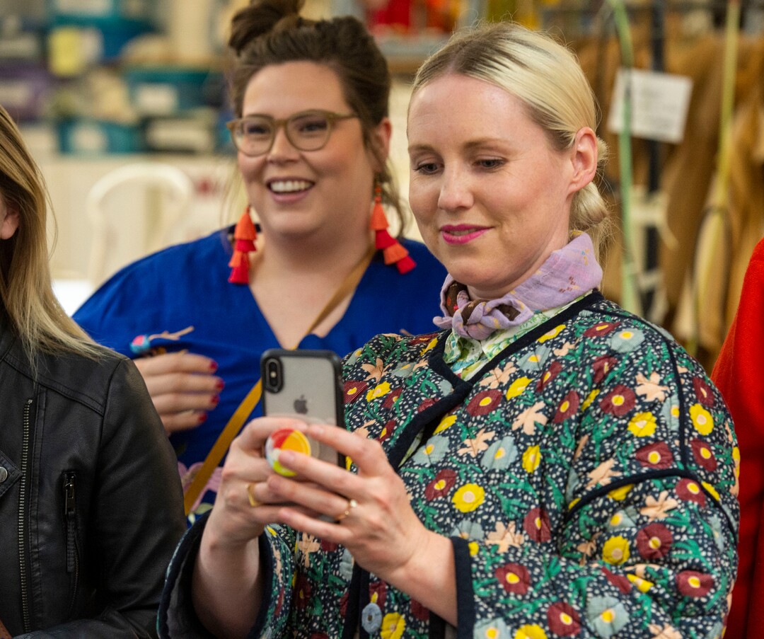 (Rick Egan  |  The Salt Lake Tribune)  Social media influencer Brittany Jepsen snaps a photo while touring the Utah Opera costume shop during a preview event for "Norma," at the Utah Opera Production Studios, Monday, April 15, 2019.