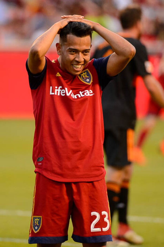 (Trent Nelson | The Salt Lake Tribune)  
Real Salt Lake midfielder Sebastian Saucedo (23) reacts to a missed shot as Real Salt Lake hosts Houston Dynamo, MLS Soccer at Rio Tinto Stadium in Sandy, Utah, Wednesday May 30, 2018.
