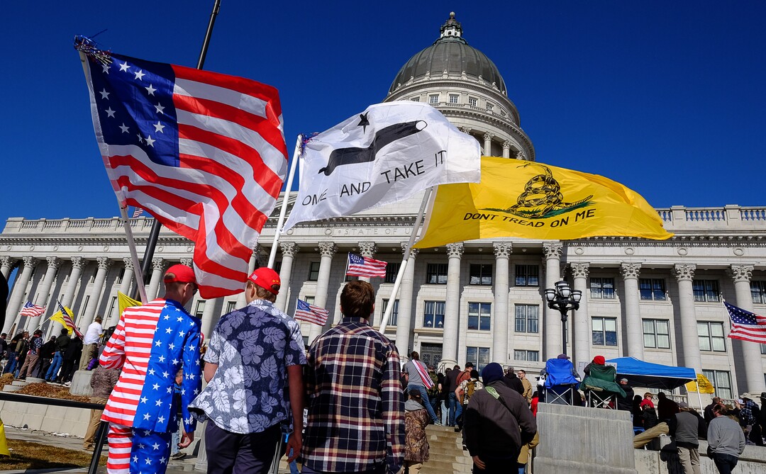 (Francisco Kjolseth  |  The Salt Lake Tribune) Hundreds of pro gun proponents gather at the Utah Capitol in Salt Lake City on Saturday, Feb. 8, 2020, in response to recent proposals from legislators, including red-flag laws, universal background checks and the elimination of private transfers.