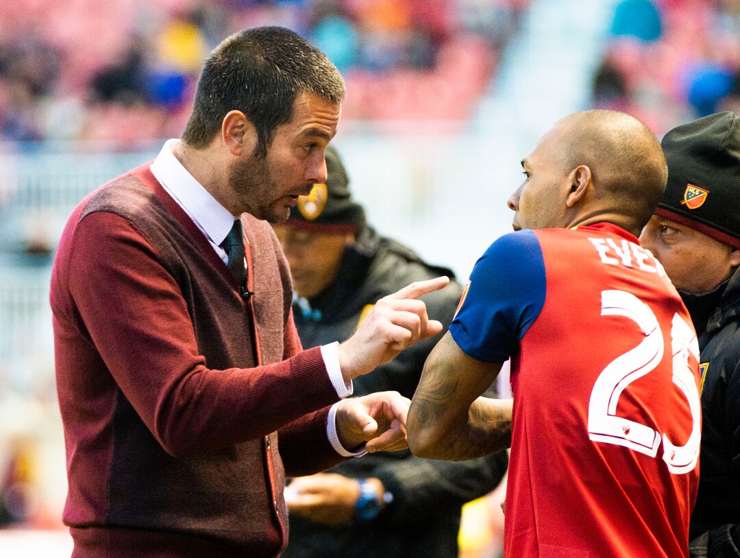 (Rick Egan  |  The Salt Lake Tribune).  Real Salt Lake head coach Mike Petke talks to Real Salt Lake midfielder Everton Luiz (25) before sending him into the game, in MLS soccer action between Real Salt Lake and Atlanta United at Rio Tinto Stadium in Sandy, Friday, May 24, 2019.