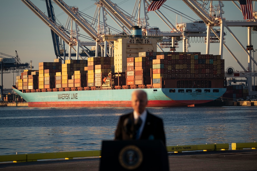 (Al Drago | The New York Times)
President Joe Biden speaks about infrastructure at the Port of Baltimore, Nov. 10, 2021. "People making knee-jerk comparisons with the 1970s and screaming about stagflation are looking at the wrong history. When you look at the right history, it tells you not to panic," writes The New York Times opinion columnist Paul Krugman.