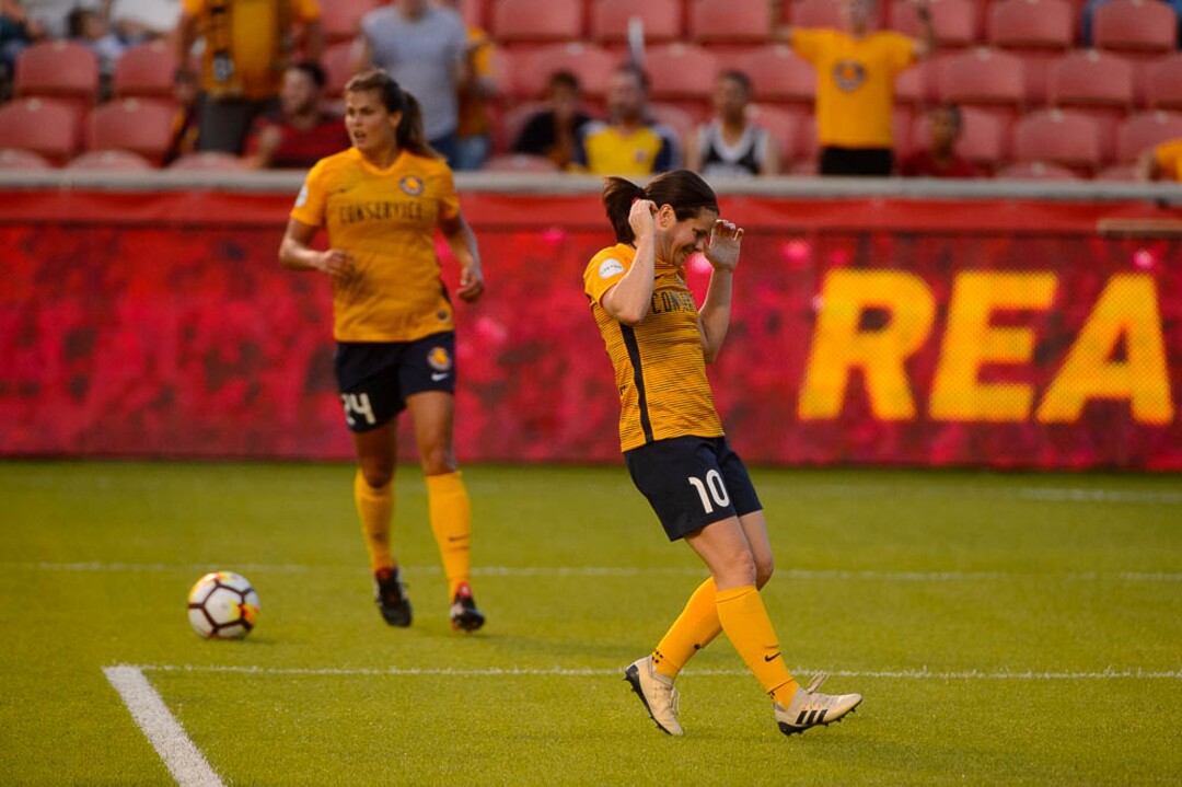 (Trent Nelson | The Salt Lake Tribune)  Utah Royals FC host North Carolina Courage, NWSL soccer at Rio Tinto Stadium in Sandy, Friday July 20, 2018. Utah Royals FC midfielder Diana Matheson (10) reacts to an offsides call.