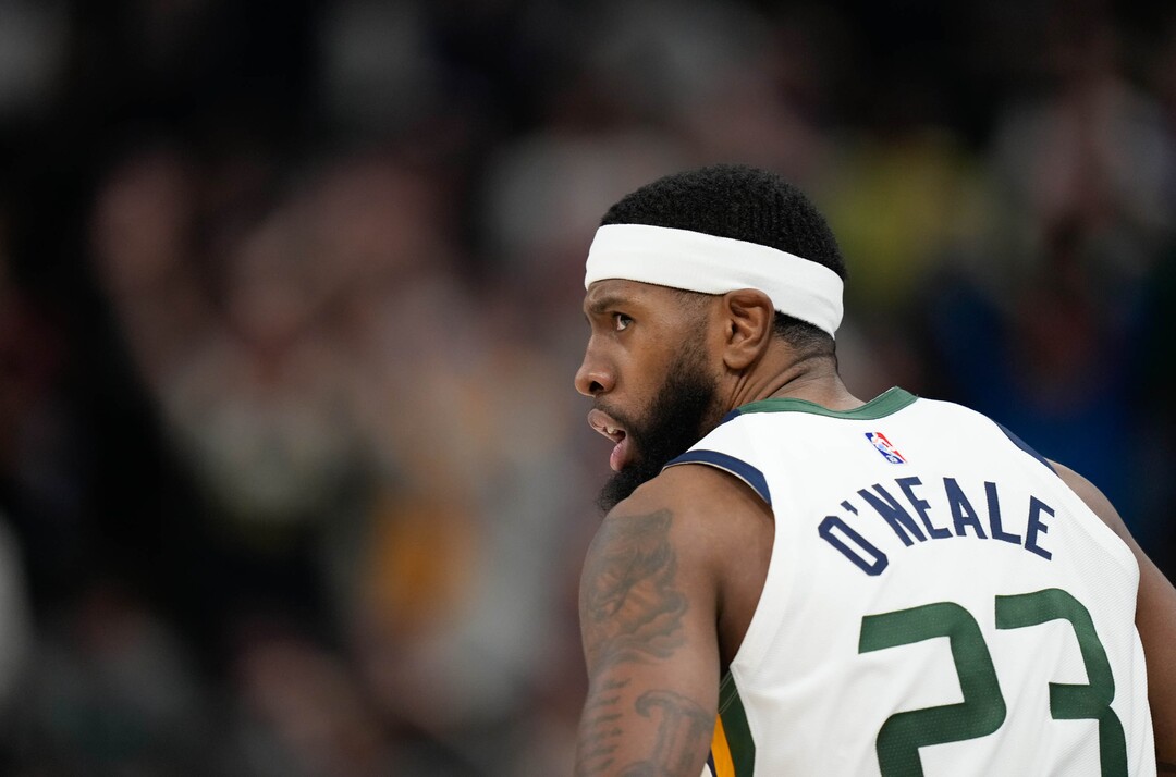 (Francisco Kjolseth | The Salt Lake Tribune) Utah Jazz forward Royce O'Neale (23) looks back after sinking a three point shot in NBA action between the Utah Jazz and the LA Clippers at Vivint Smart Home Arena in Salt Lake City, Wednesday, Dec. 15, 2021.
