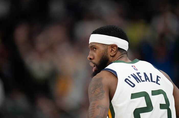(Francisco Kjolseth | The Salt Lake Tribune) Utah Jazz forward Royce O'Neale (23) looks back after sinking a three point shot in NBA action between the Utah Jazz and the LA Clippers at Vivint Smart Home Arena in Salt Lake City, Wednesday, Dec. 15, 2021.