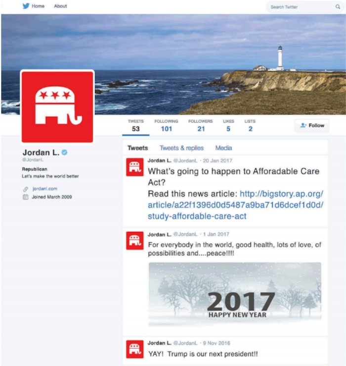 (courtesy Mass Communication and Society) One of four nearly identical mock-up Twitter accounts used by researchers from the University of Utah and Korea's Konkuk University to gauge perceptions of bias of articles posted on Twitter. The accounts were different in two variables: The number of Twitter followers, and the label of party affiliation.