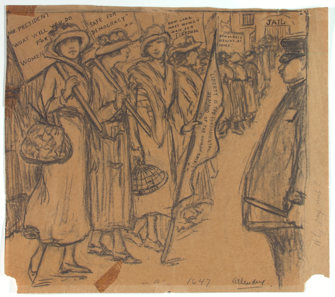 (Courtesy of National Woman's Party) When police began arresting picketers in 1917, Nina Allender drew the circumstances of their arrests and time in jail.