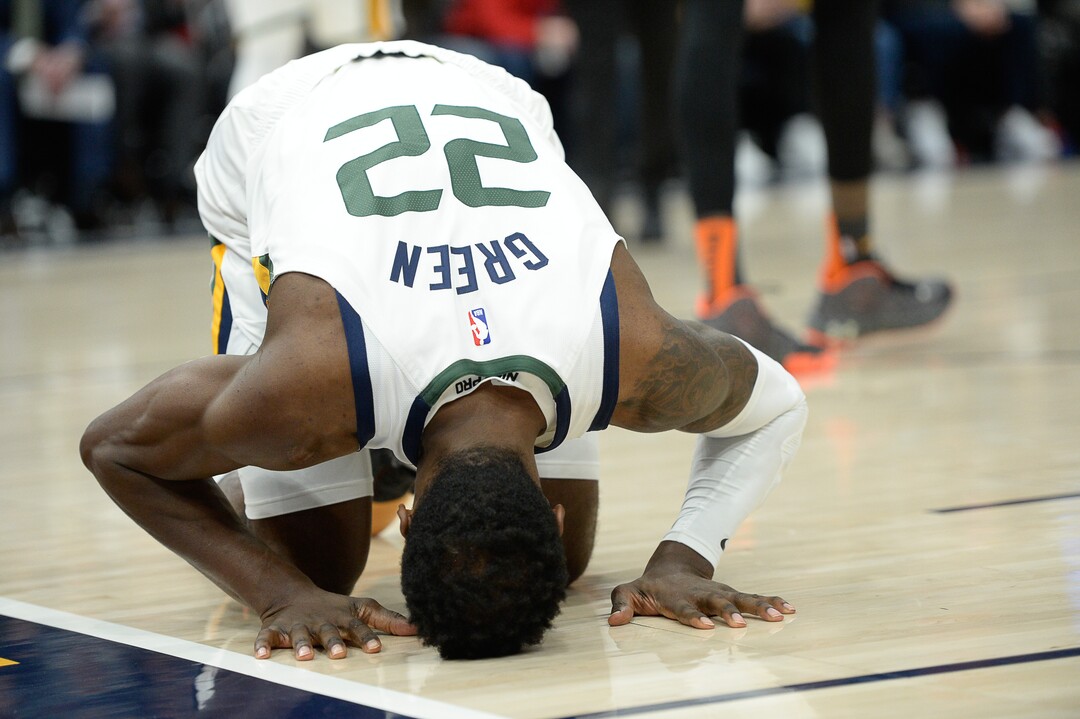 (Francisco Kjolseth  |  The Salt Lake Tribune) Utah Jazz forward Jeff Green (22) takes a moment after taking a shot to the privates as the Utah Jazz host the Orlando Magic in their NBA basketball game at Vivint Smart Home Arena in Salt Lake City on Tuesday. Dec. 17, 2019.