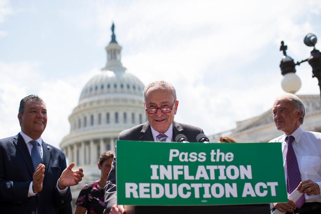 (Tom Brenner | The New York Times)

Senate Majority Leader Chuck Schumer (D-N.Y.) speaks during a news conference on the Inflation Reduction Act at the U.S. Capitol in Washington, Aug. 4, 2022.