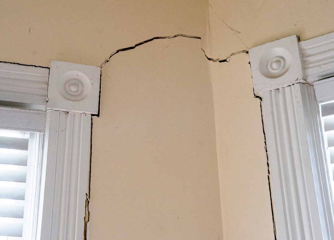 (Rick Egan  |  The Salt Lake Tribune)   Cracks in the Munn's Salt Lake City home, caused by the earthquake, Monday April 13, 2020