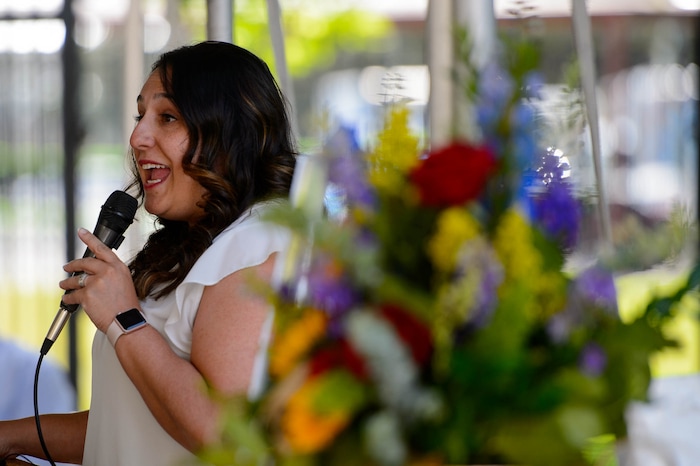 (Trent Nelson  |  The Salt Lake Tribune)
Joni Clark speaks at the 10 Year Anniversary Celebration at Palmer Court in Salt Lake City on Thursday June 13, 2019.