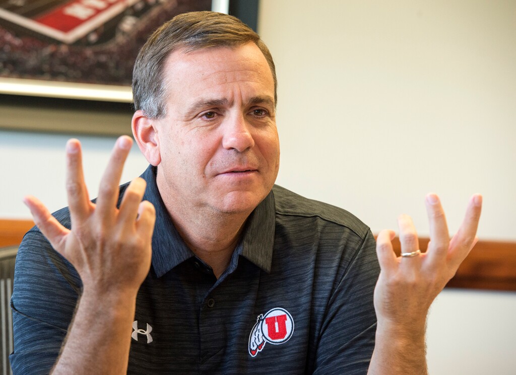 (Rick Egan  |  The Salt Lake Tribune file)    Mark Harlan talks about his first week on the job as Athletic Director at the University of Utah in his new office at the Huntsman Center, Friday, June 29, 2018. Harlan, in a Zoom call with reporters, acknowledged the Pac-12 is wading into uncharted territory by planning a football season this fall amid the coronavirus. 'We were pleased we could release the schedule,' he said.