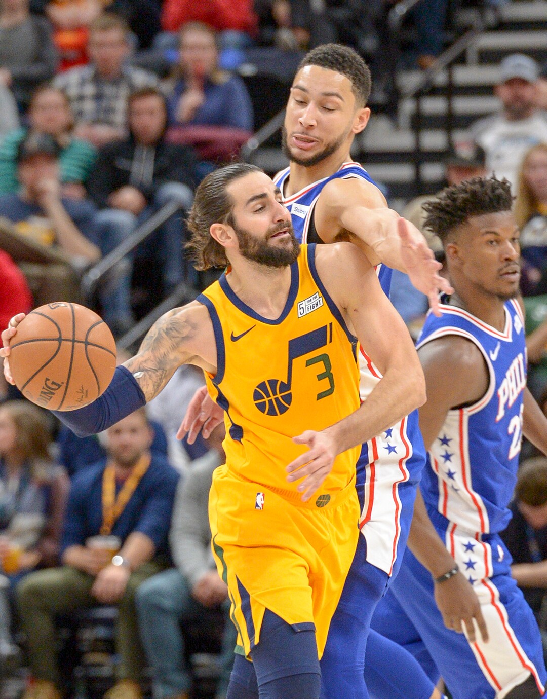 Leah Hogsten  |  The Salt Lake Tribune  Philadelphia 76ers guard Ben Simmons (25) pressures Utah Jazz guard Ricky Rubio (3). The Philadelphia 76ers defeated the Utah Jazz 114- 97 at Vivint Smart Home Arena, Thursday, December 27, 2018. 