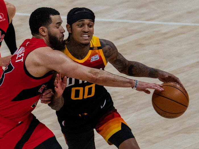 (Rick Egan | The Salt Lake Tribune) Toronto Raptors guard Fred VanVleet (23) closely guards Utah Jazz guard Jordan Clarkson (00) in the final minutes of the game, in NBA action between the Utah Jazz and the Toronto Raptors at Vivint Arena, on Saturday, May 1, 2021.