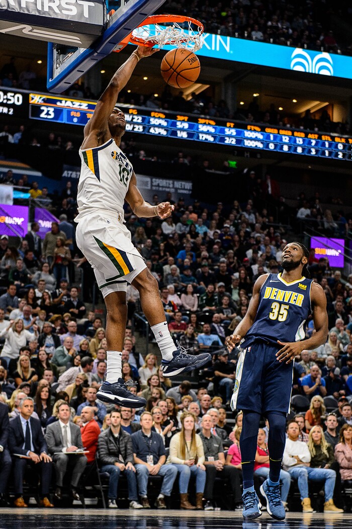 (Trent Nelson | The Salt Lake Tribune)  Utah Jazz guard Alec Burks (10) dunks as the Utah Jazz host the Denver Nuggets, NBA basketball in Salt Lake City, Wednesday October 18, 2017.
