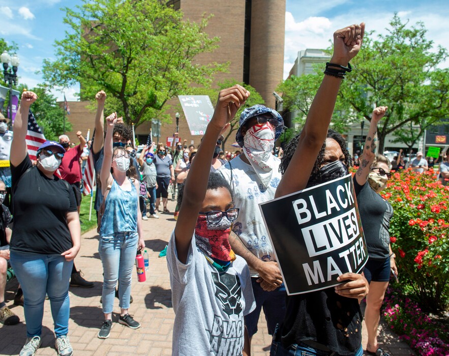 (Rick Egan  |  The Salt Lake Tribune) Hundreds of protesters gather at the Municipal Building on Washington Blvd. in memory of George Floyd, for the "Take a Knee on Washington" protest in Ogden, Saturday, May 30, 2020.