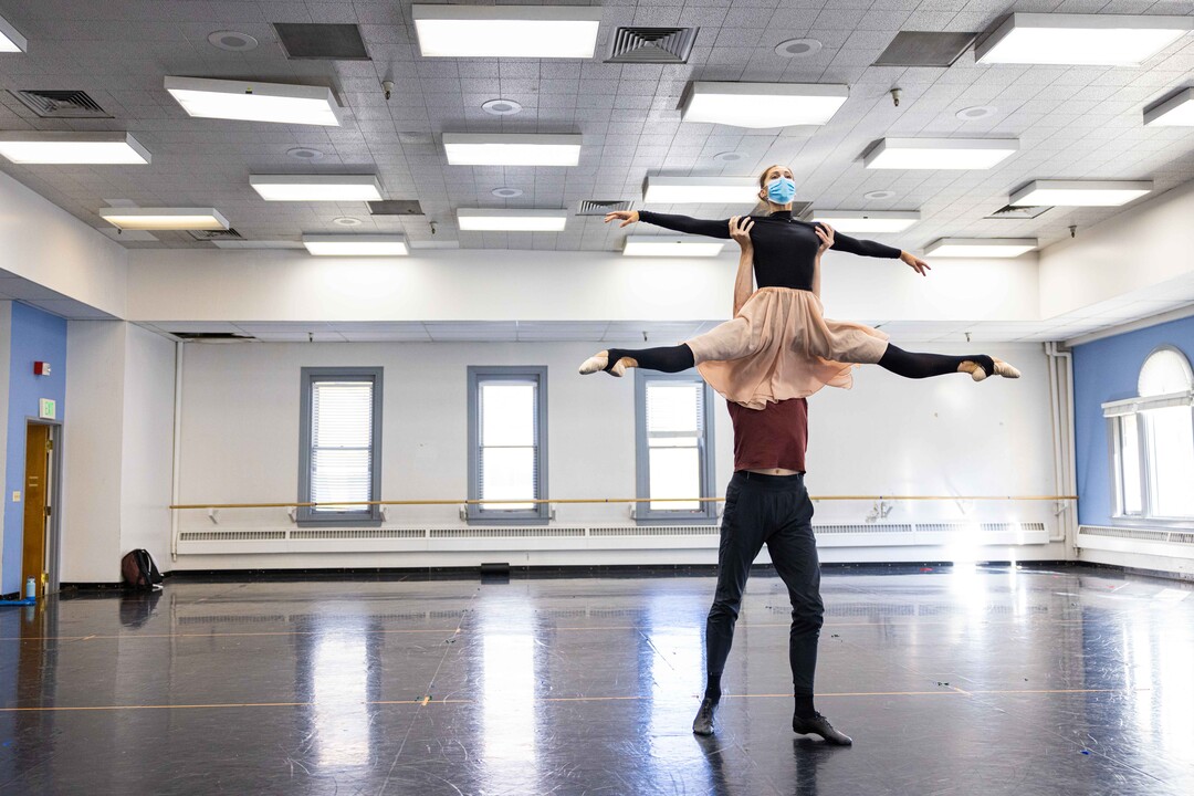 (Beau Pearson  |  courtesy of Ballet West) Principal artists Beckanne Sisk, left, and Chase O'Connell rehearse, in socially distanced conditions, for Ballet West's season opener, "Nine Sinatra Stories." Because of COVID-19 restrictions, only married and cohabitating dancers are performing duets for this show.