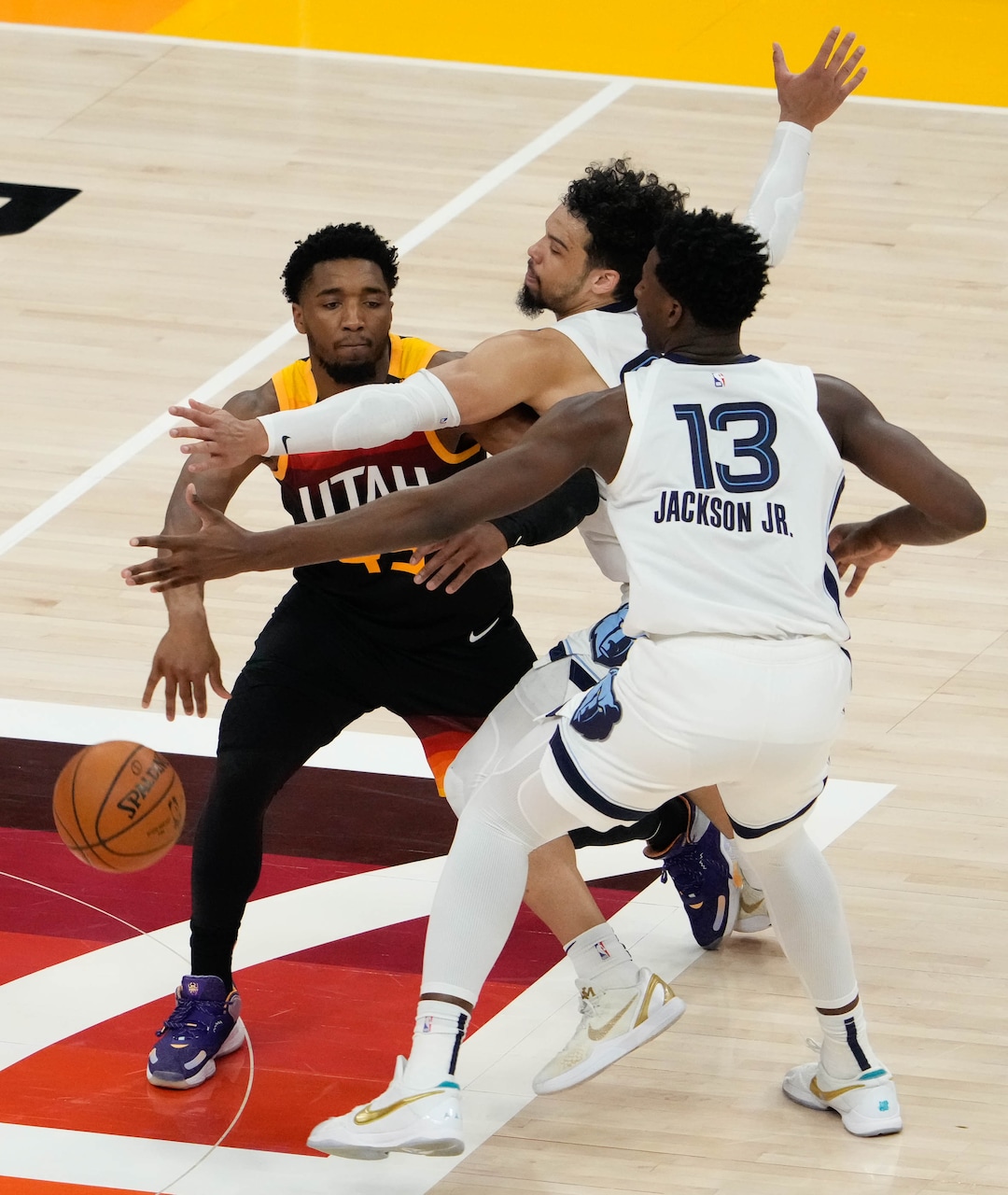 (Francisco Kjolseth | The Salt Lake Tribune) Memphis Grizzlies forward Dillon Brooks (24) and Memphis Grizzlies forward Jaren Jackson Jr. (13) try to double up on Utah Jazz guard Donovan Mitchell (45) in the second half of Game 5 of an NBA basketball first-round playoff series Wednesday, June 2, 2021, in Salt Lake City, UT.