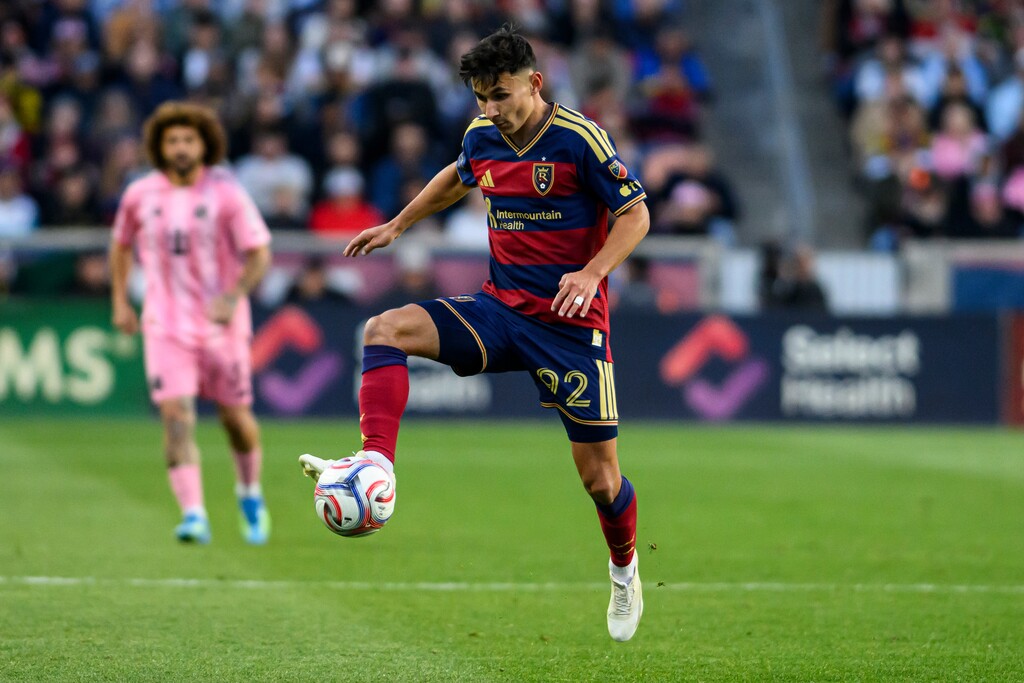 Real Salt Lake forward Sergi Solans, shown during a game against Inter Miami in April, scored two goals in RSL's win over St. Louis City SC on Saturday night in Sandy, Utah. (AP Photo/Tyler Tate)