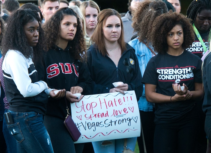 (Rick Egan  |  The Salt Lake Tribune)  Hundreds of Southern Utah University student, gather for a candle light vigil for the victims of the Las Vegas shooting, on the SUU campus in Cedar City, Wednesday, October 4, 2017.