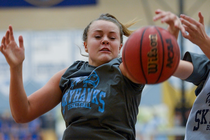 (Leah Hogsten  |  The Salt Lake Tribune)  Basketball player Lauren Gustin is averaging  double points and double rebounds during games at center for the Salem Hills girls' basketball team. Gustin has committed to play for University of Idaho next fall. 