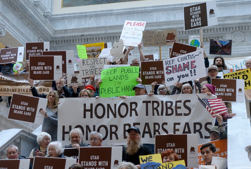 (Al Hartmann | The Salt Lake Tribune)
Utah tribal leaders and conservation community groups gathered at the Utah Capitol rotunda Tuesday Jan. 9 speaking out in opposition to H.R.4532 and its impact on Bears Ears National Monument.
At the same time in Washington D.C. the House Natural Resources Committee held a legislative hearing on Rep. John Curtis’ H.R. 4532 “Shash Jaa National Monument and Indian Creek National Monument Act.”
The bill would not only codify President Trump’s illegal evisceration of Bears Ears National Monument but also delegate management of the monument to local officials and tribal representatives hand-picked by the Utah delegation, foregoing input from Tribal governments. Management plans laid out in the bill exclude three of the five tribes that advocated for Bears Ears protection.