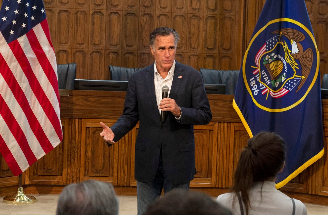 (Rick Egan  |  The Salt Lake Tribune)       Mitt Romney speaks during a town hall meeting at the Provo City Hall Council Chambers, Friday, June 21, 2019.