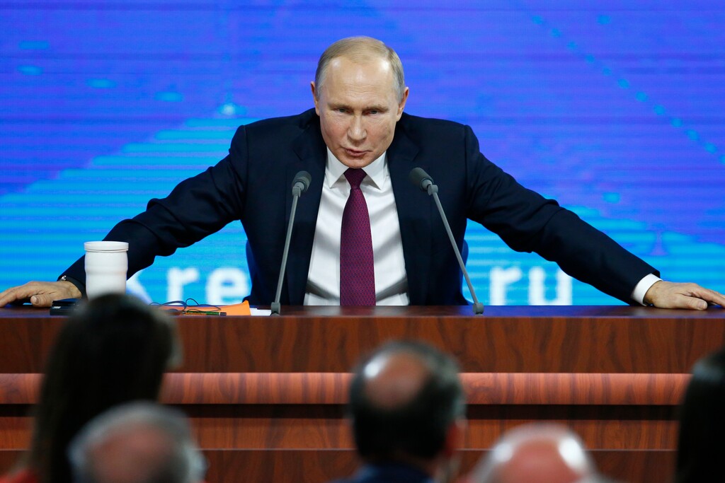 FILE In this file photo taken on Thursday, Dec. 20, 2018, Russian President Vladimir speaks during his annual news conference in Moscow, Russia. U.S. and European sanctions have restricted Russia’s access to international capital markets, limited imports of Western energy and military technologies and spooked international investors. (AP Photo/Alexander Zemlianichenko, File)