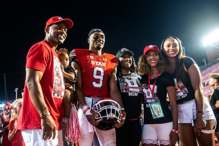(Chris Detrick | The Salt Lake Tribune) Utah Utes wide receiver Darren Carrington (9) poses for a pictures with his father Darren Carrington Sr., niece Serenity Carrington, mother Vickie Carrington, older sister Diara Carrington and younger sister DiJonai Carrington after the game at Rice-Eccles Stadium Thursday, August 31, 2017. Utah Utes defeated North Dakota Fighting Hawks 37-16.