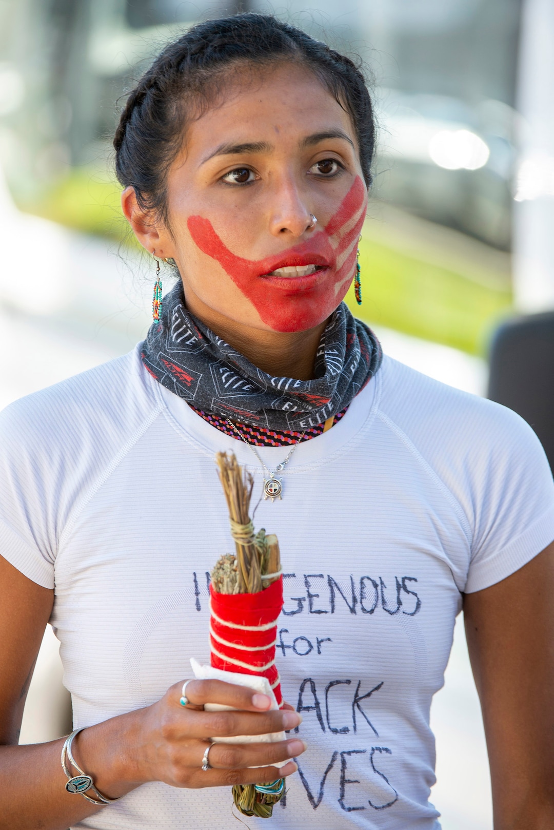 (Rick Egan  |  The Salt Lake Tribune)     Jordan Daniel prepares to run her next stretch of road, as the Native American runners run from Bears Ears National Monument to Salt Lake City for the “Running As Medicine - Indigenous Youth Prayer Run" on Saturday, Sept. 5, 2020.