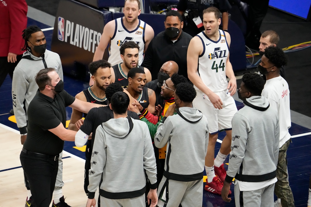 (Leah Hogsten | The Salt Lake Tribune) A scuffle at the Jazz bench as the Utah Jazz take on the Memphis Grizzlies during Game 1 of the first-round playoffs at Vivint Arena, May 23, 2021.