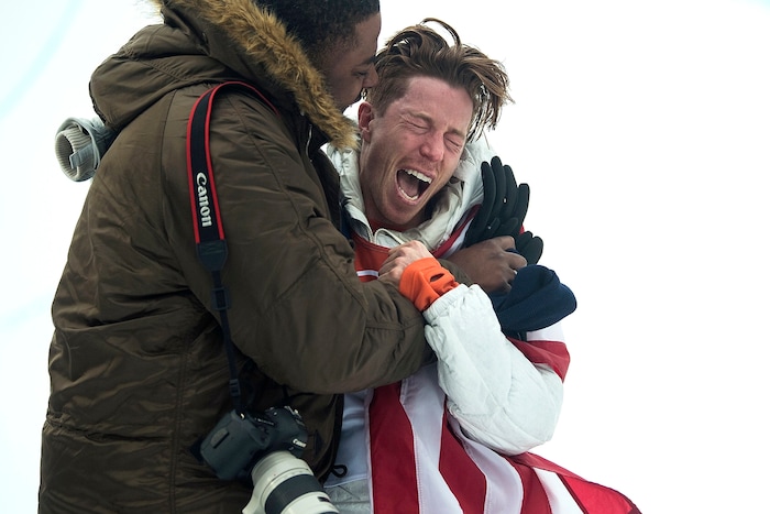 (Chris Detrick  |  The Salt Lake Tribune)  Shaun White gets a hug from his friend Shaun Murdock after winning gold after his run during the men's halfpipe finals at Phoenix Snow Park during the Pyeongchang 2018 Winter Olympics Wednesday, Feb. 14, 2018.  White won the event with a 97.75, his third Olympic gold medal in the halfpipe (2006, 2010, 2018).