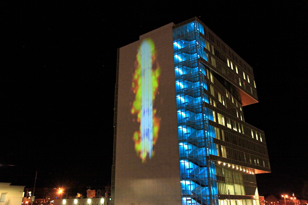 (Jared Rendon-Trompak | Courtesy of Clean Air Carolina) Artist Andrea Polli's digital installation "Particle Falls," seen here on display in Charlotte, N.C., will be the centerpiece of an exhibition, "Air," set for spring 2021 at the Utah Museum of Fine Arts.