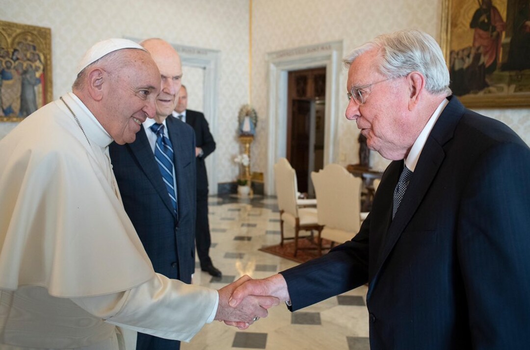 (Photo courtesy of the Vatican) Pope Francis met with top Latter-day Saints leaders including M. Russell Ballard (shaking hands) and President Russell M. Nelson on March 9, 2019 in the Vatican.