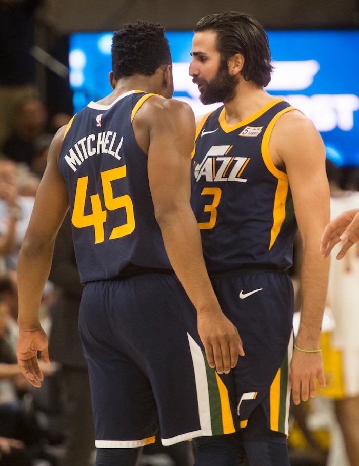 (Rick Egan  |  The Salt Lake Tribune)   Utah Jazz guard Ricky Rubio (3) reacts after Utah Jazz guard Donovan Mitchell (45) hit a big three-pointer late in the game, in NBA action, Utah Jazz vs. Los Angeles Lakers, in Salt Lake City, Saturday, October 28, 2017.


