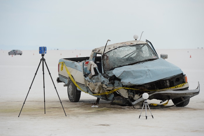 (Francisco Kjolseth | The Salt Lake Tribune) Utah's Bonneville Salt Flats turned deadly on the sidelines of Speed Week following a head-on collision between two vehicles carrying support crew traveling between the pits and the entrance to the salt along the access road on Wednesday, Aug. 16, 2017. One person was killed and five injured, all of whom were said to be members of support crews for racing drivers.