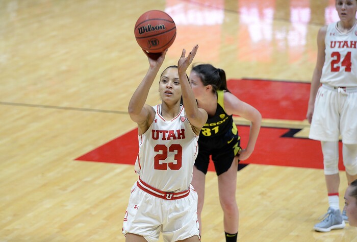 Scott Sommerdorf | The Salt Lake TribuneUtah Utes guard/forward Daneesha Provo (23) shoots a first half free throw. Oregon defeated Utah 84-68, Sunday, January 28, 2018.