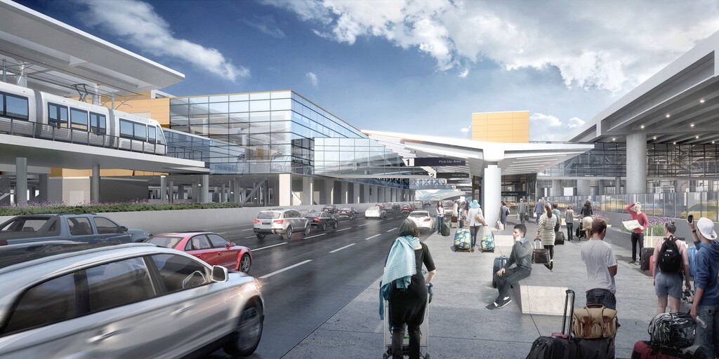 (Courtesy of Salt Lake City International Airport) A rendering of the terminal roadway at a rebuilt airport, with a Utah Transit Authority TRAX train pulling into the airport's "Gateway Center" and the new terminal unseen off to the right.