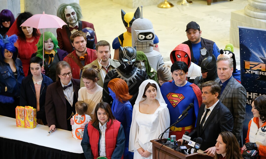 Francisco Kjolseth | The Salt Lake TribuneCosplay fans fill the Utah Capitol rotunda for Salt Lake Comic Con's announcement of celebrity guests for FanX 2017, by founders Bryan Brandenburg and Dan Farr, at right, set for March 17-18 at the Salt Palace.
