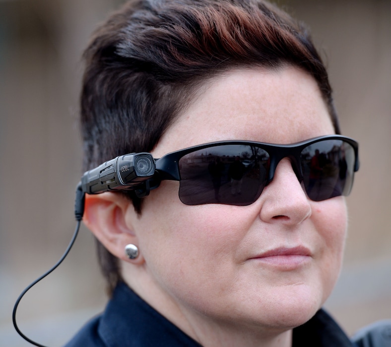 (Steve Griffin  |  The Salt Lake Tribune) West Valley City Police officer Michelle Shepherd wears her new body camera, for the first time, on her sun glasses, in West Valley City, Monday, March 2, 2015.