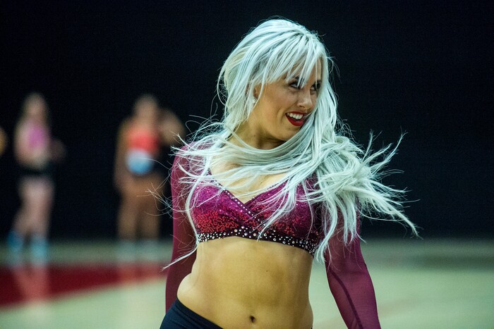 Chris Detrick | The Salt Lake Tribune
Sidney Ford dances during the audition at West High School Saturday, July 8, 2017. 125 women auditioned for sixteen spots on the America First Jazz Dancers team.