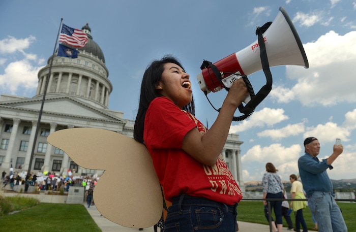 (Leah Hogsten  |  The Salt Lake Tribune) "I am unafraid," said Ciriac Alvarez, a DACA dreamer and University of Utah graduate of Political Science and Sociology. Hundreds of "We are Dreamers," a Utah pro-Deferred Action for Childhood Arrival (DACA) group, marched in solidarity from the Utah Federal Building to the State Capitol with undocumented immigrants who will be affected by the end of DACA.