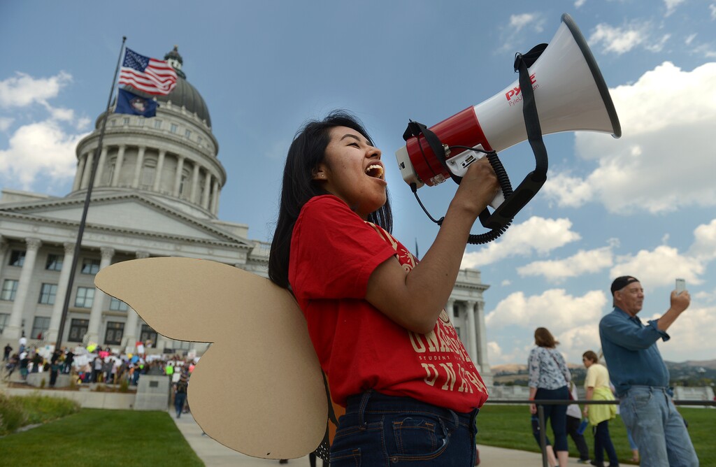 (Leah Hogsten | The Salt Lake Tribune) "I am unafraid," said Ciriac Alvarez, a DACA dreamer and University of Utah graduate of Political Science and Sociology. Hundreds of "We are Dreamers," a Utah pro-Deferred Action for Childhood Arrival (DACA) group, marched in solidarity from the Utah Federal Building to the State Capitol with undocumented immigrants who will be affected by the end of DACA.