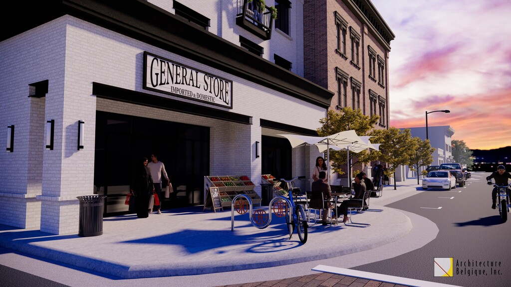 (Midvale and Architecture Belgique Inc.) 
Midvale is working with a developer to transform a lot from a basketball court to a multilevel building with retail and housing.