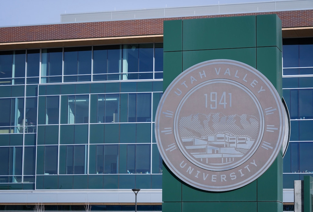 (Bethany Baker | The Salt Lake Tribune) A sign welcomes visitors at Utah Valley University in Orem on Wednesday, Dec. 11, 2024. The president of the school, Astrid Tuminez, will take a brief sabbatical through March 31, 2025, to mourn the death of her husband.
