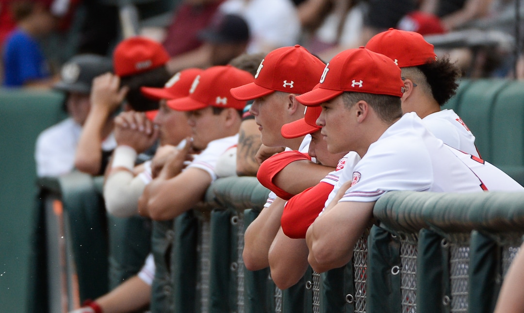 (Francisco Kjolseth  |  The Salt Lake Tribune)  The Utah dugout keeps an eye on the game as Utah and BYU renew their rivalry on the baseball diamond as they battle it out at Smith's Ballpark in Salt Lake City on Tuesday, May 14, 2019.