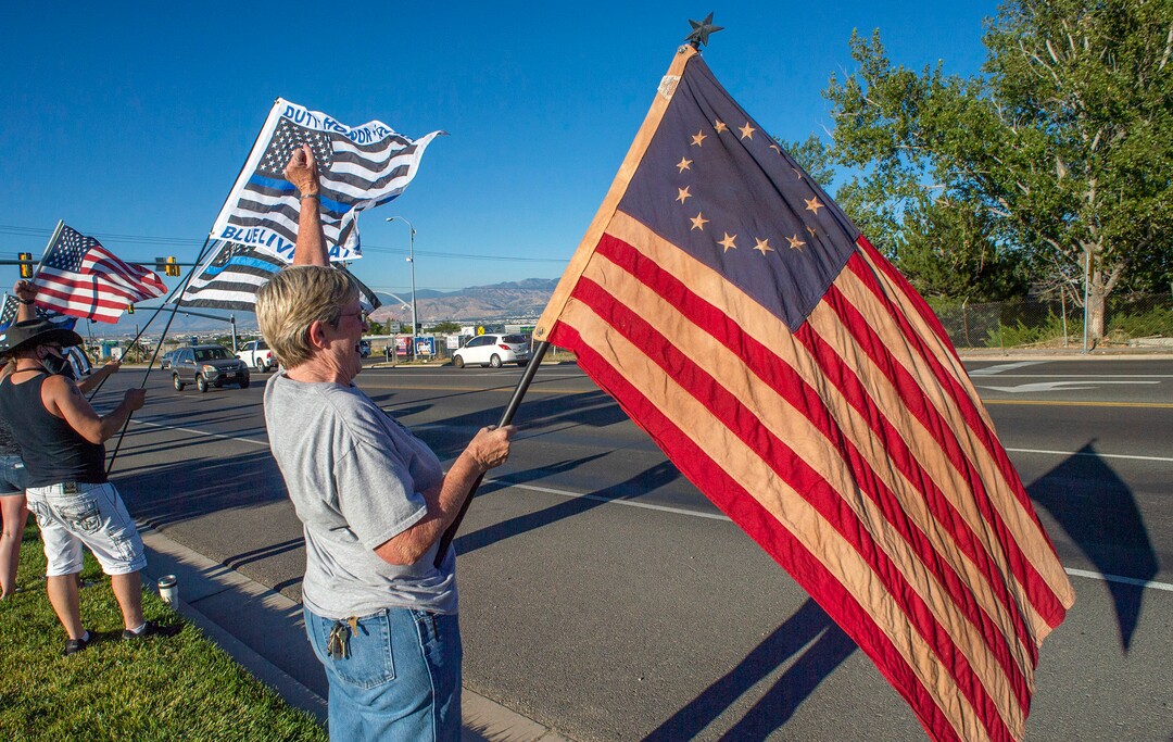 (Rick Egan  |  The Salt Lake Tribune)     Police supporters upset by a Pat Bagley cartoon, protest The Salt Lake Tribune in West Valley City, on Thursday, Sept. 3, 2020.