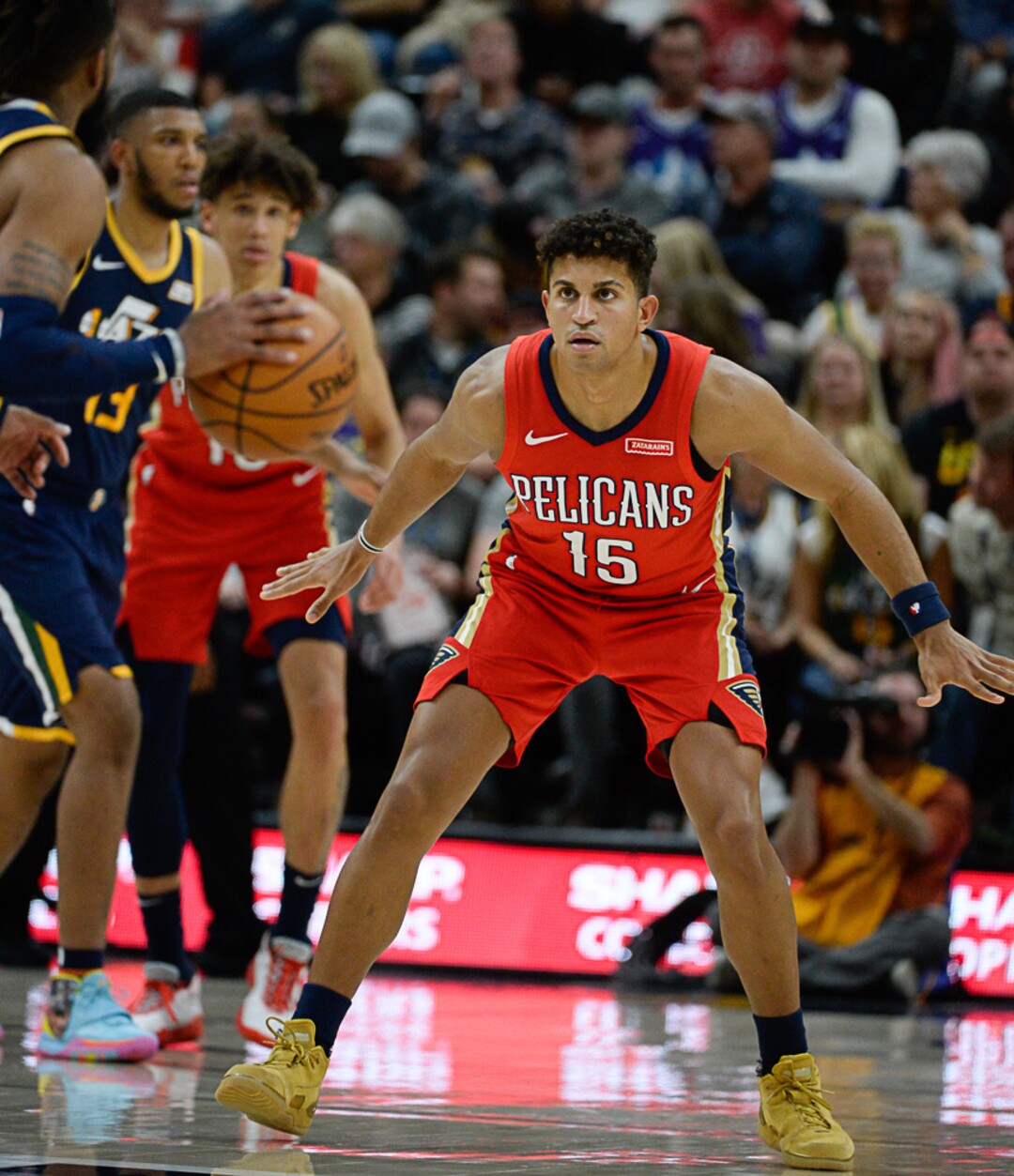 (Francisco Kjolseth  |  The Salt Lake Tribune)  Former Lone Peak High School player New Orleans Pelicans guard Frank Jackson (15) sizes up the opposition as the Utah Jazz host the New Orleans Pelicans in their NBA basketball game at Vivint Smart Home Arena in Salt Lake City on Sat. Nov. 23, 2019.
